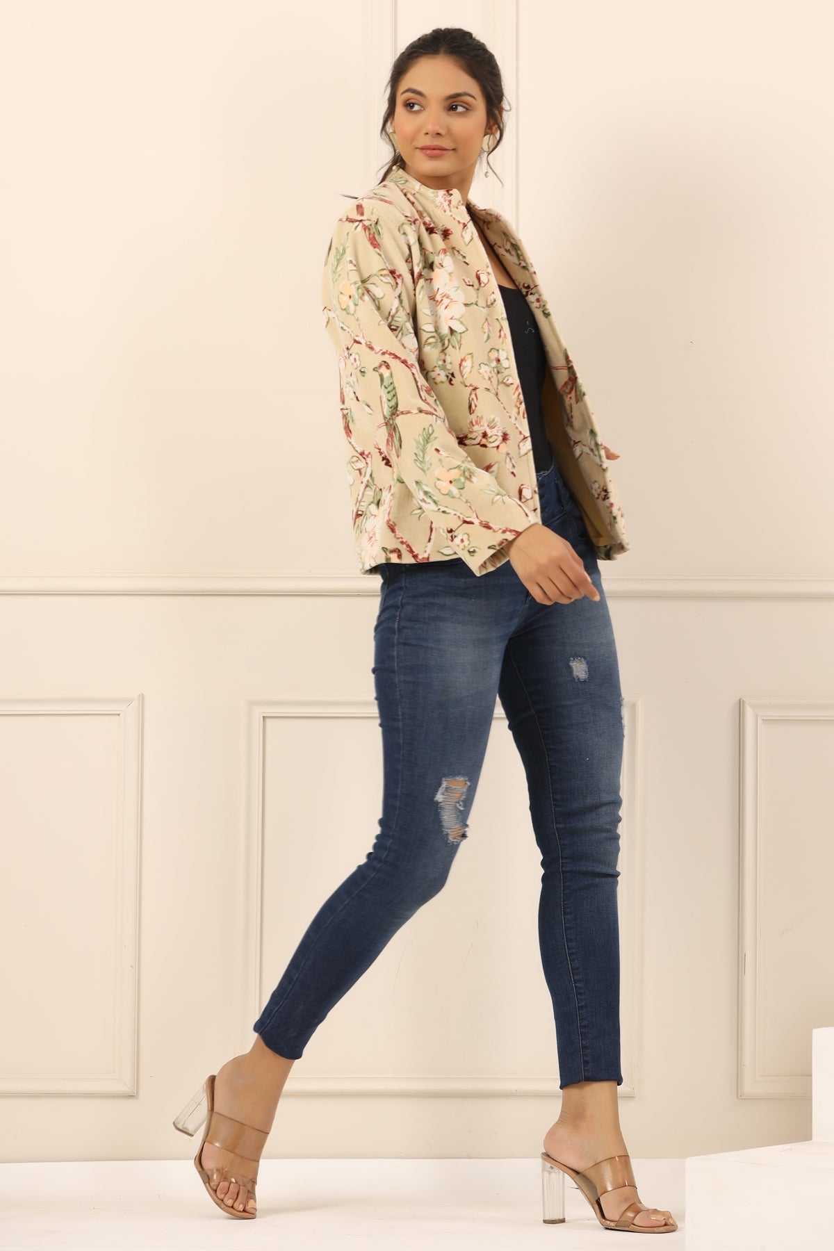 Beige & Off White Floral Printed Mandarin Collar Velvet Open Front Jacket For Women