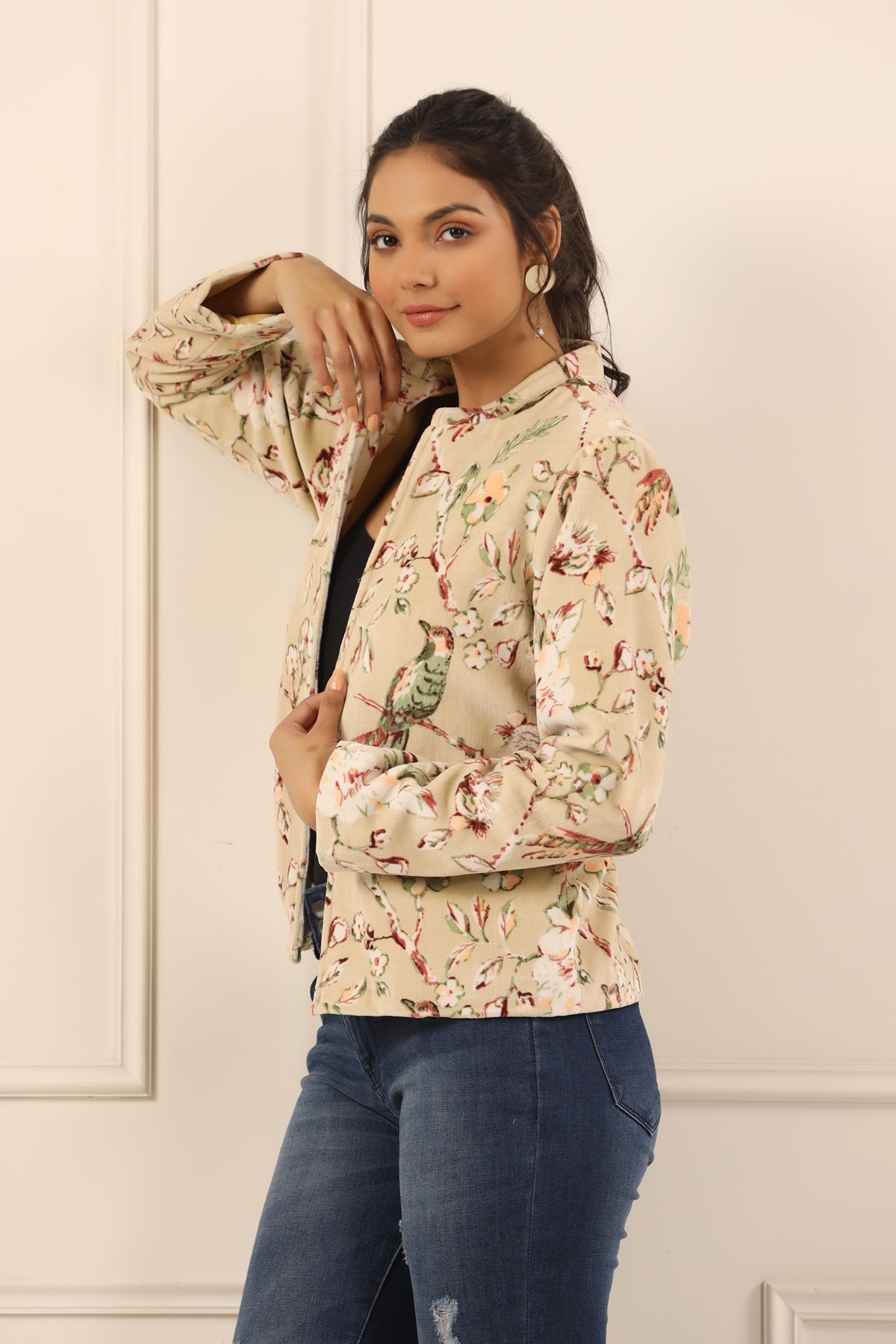 Beige & Off White Floral Printed Mandarin Collar Velvet Open Front Jacket For Women