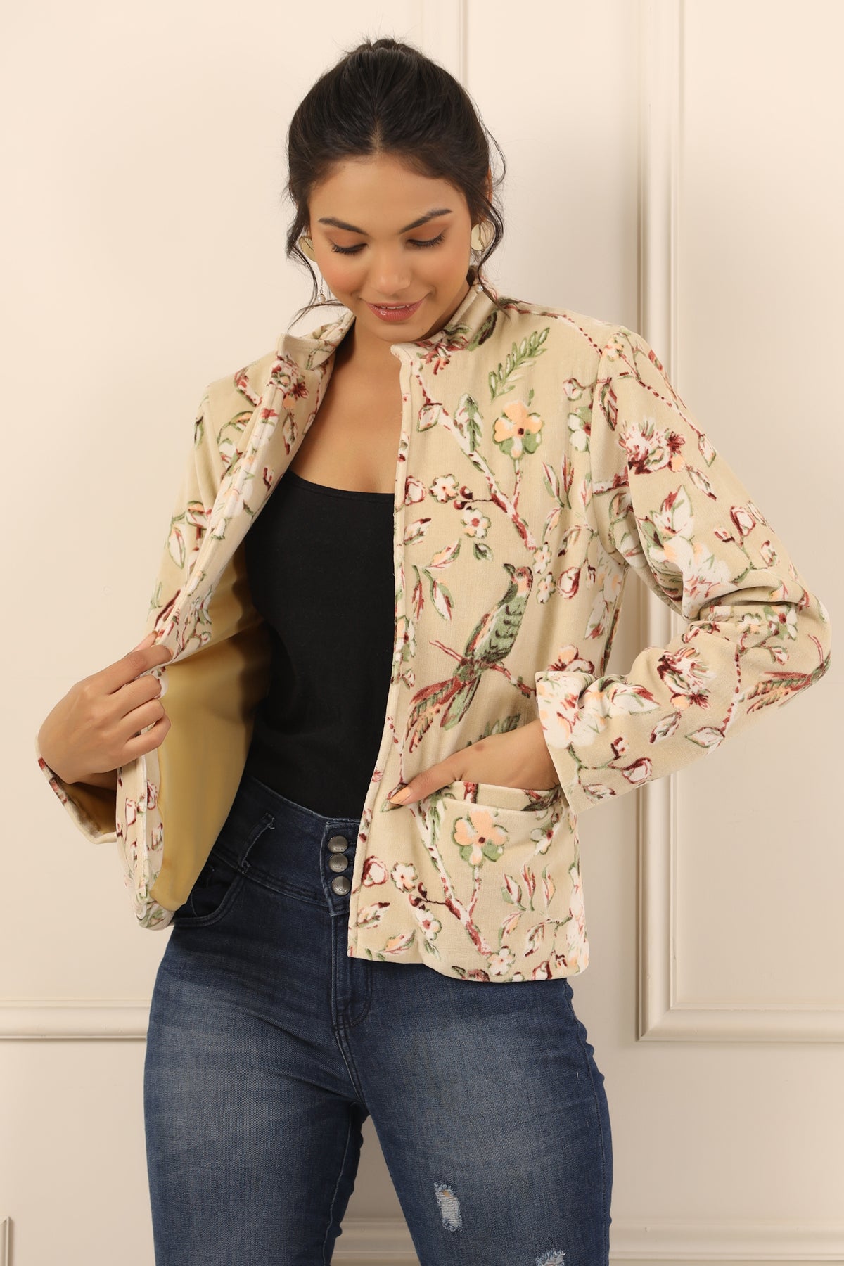 Beige & Off White Floral Printed Mandarin Collar Velvet Open Front Jacket For Women