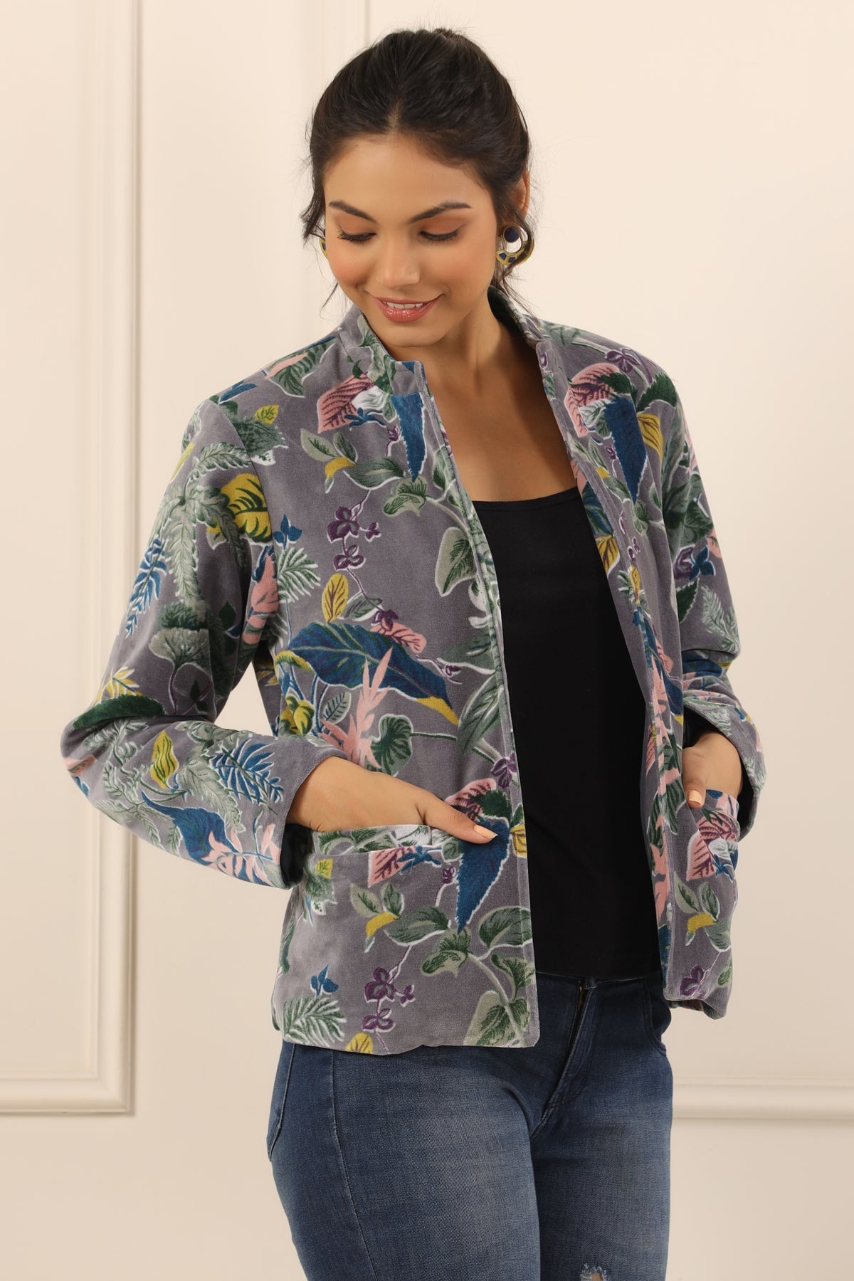 Grey & Green Floral Printed Mandarin Collar Velvet Open Front Jacket For Women