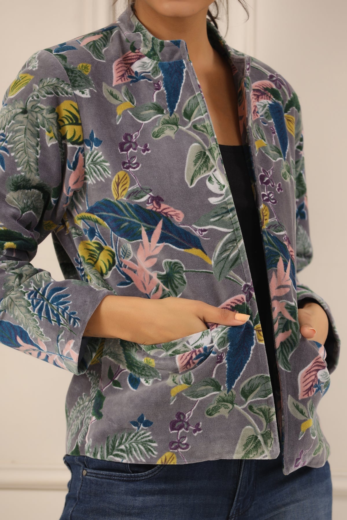 Grey & Green Floral Printed Mandarin Collar Velvet Open Front Jacket For Women