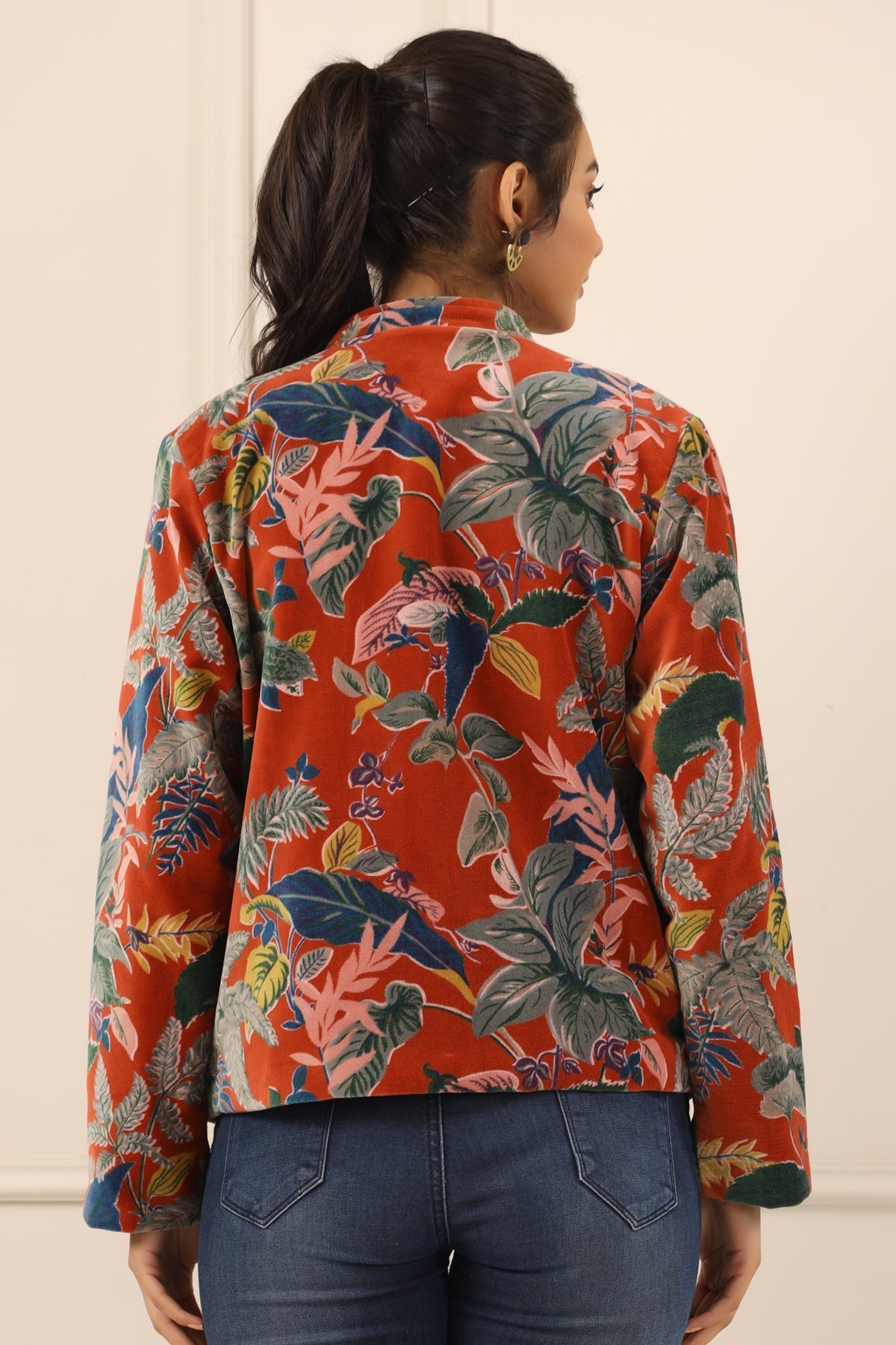 Rust & Blue Floral Printed Mandarin Collar Velvet Open Front Jacket For Women