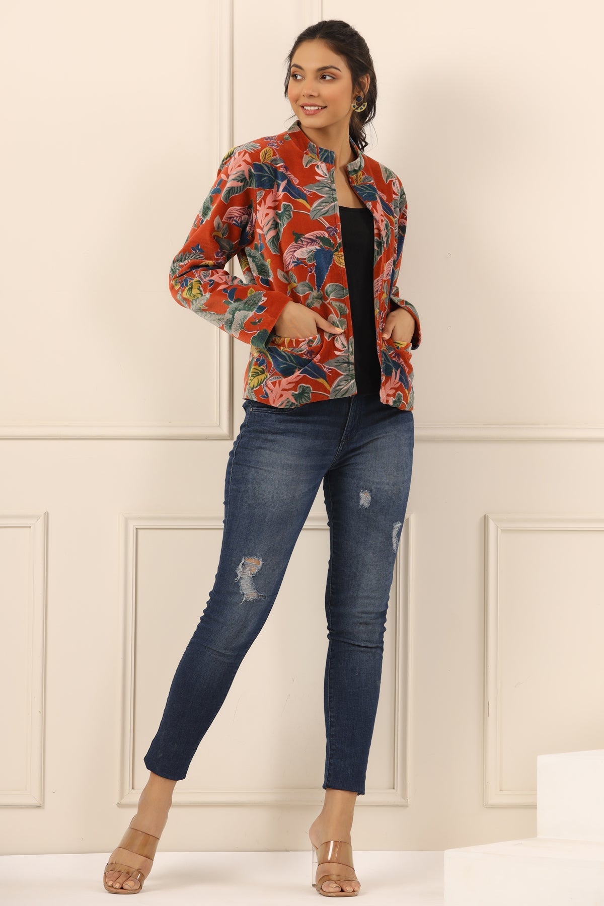 Rust & Blue Floral Printed Mandarin Collar Velvet Open Front Jacket For Women