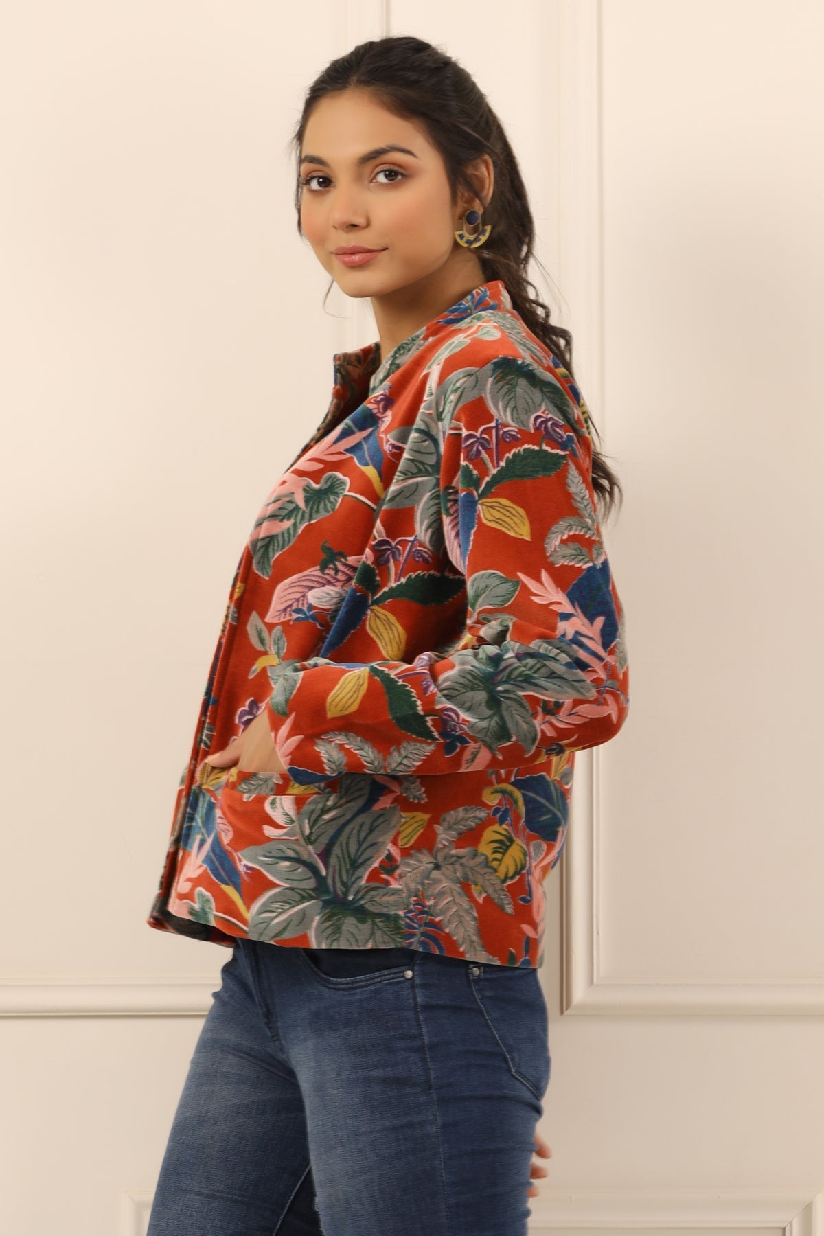 Rust & Blue Floral Printed Mandarin Collar Velvet Open Front Jacket For Women