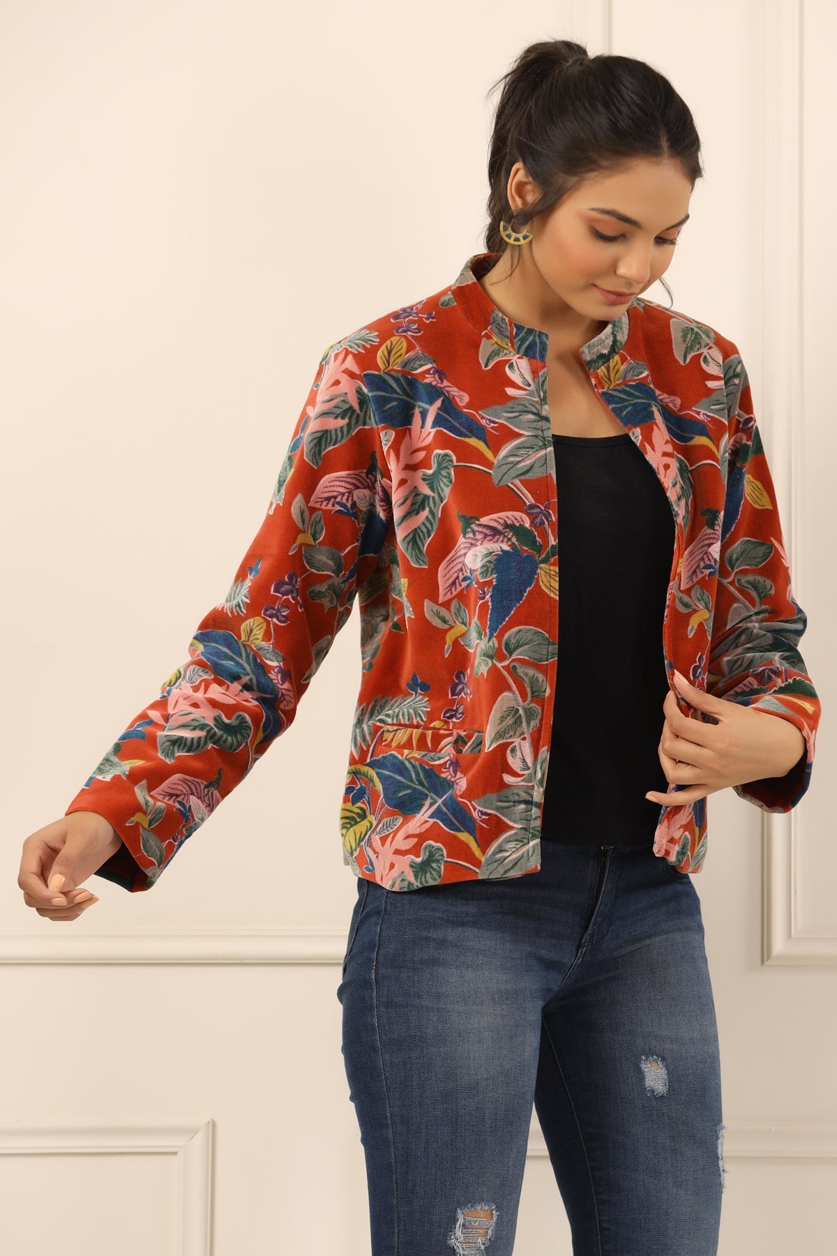 Rust & Blue Floral Printed Mandarin Collar Velvet Open Front Jacket For Women