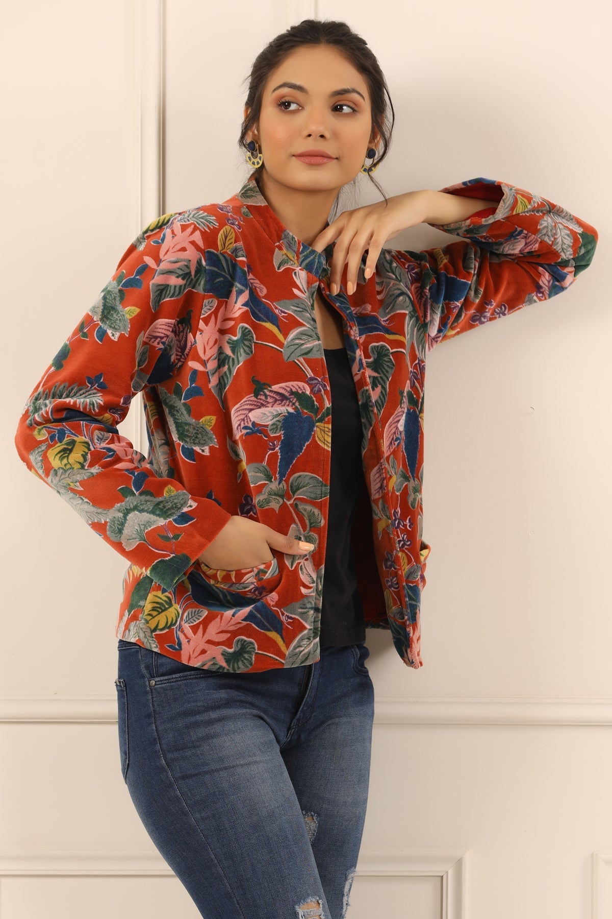 Rust & Blue Floral Printed Mandarin Collar Velvet Open Front Jacket For Women