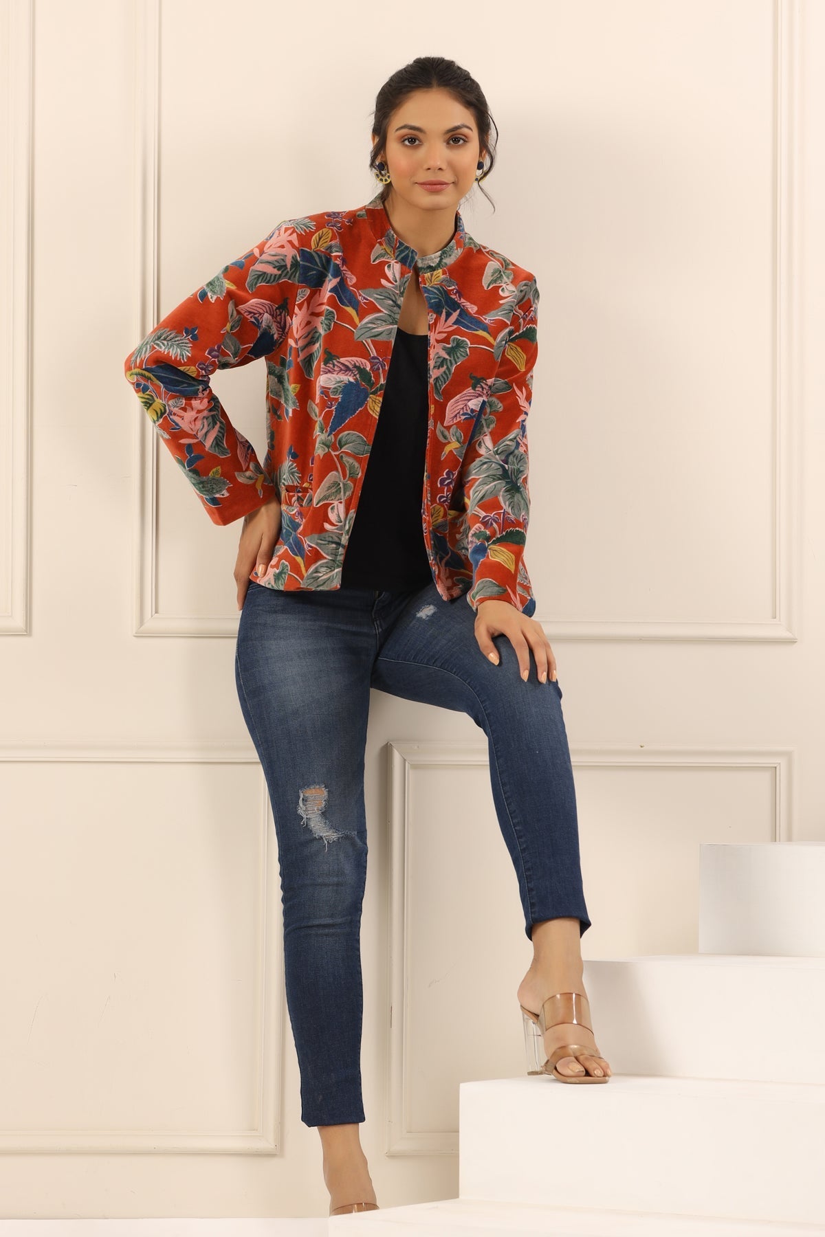 Rust & Blue Floral Printed Mandarin Collar Velvet Open Front Jacket For Women