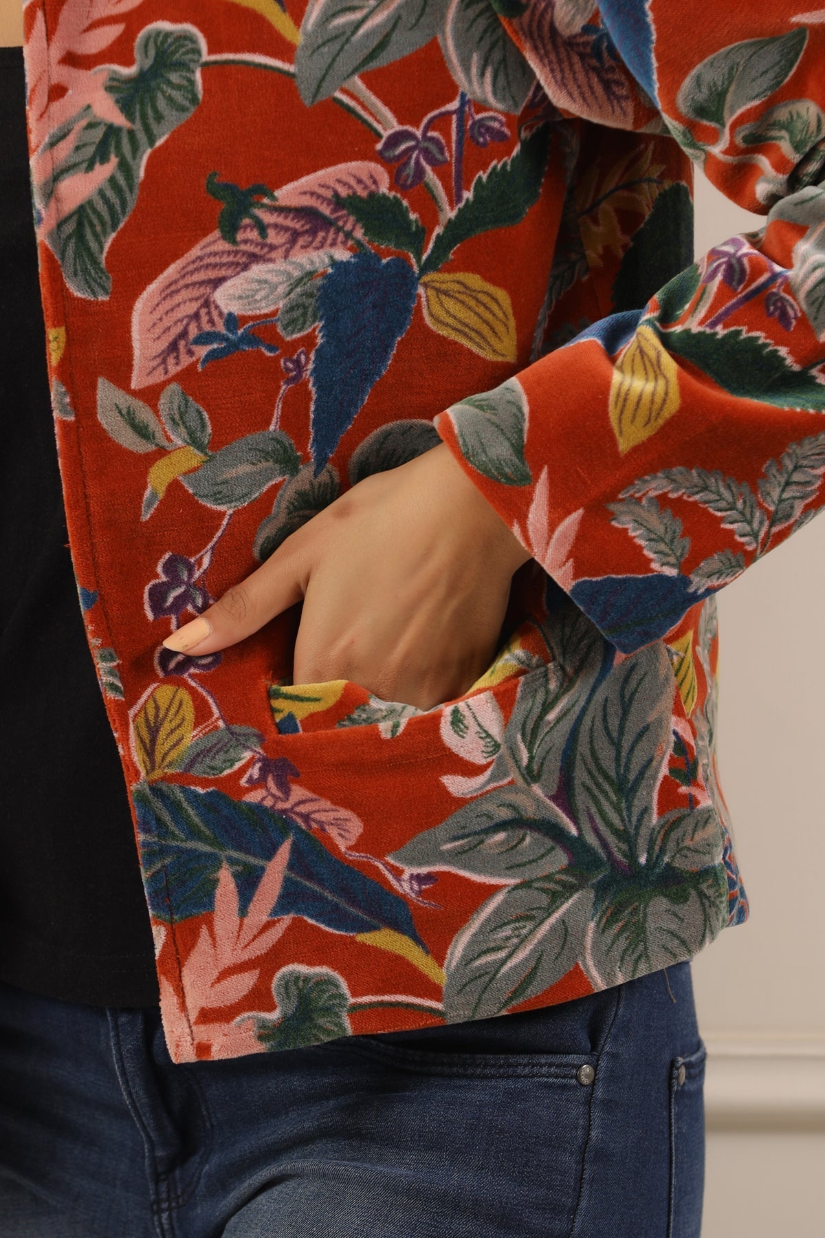 Rust & Blue Floral Printed Mandarin Collar Velvet Open Front Jacket For Women