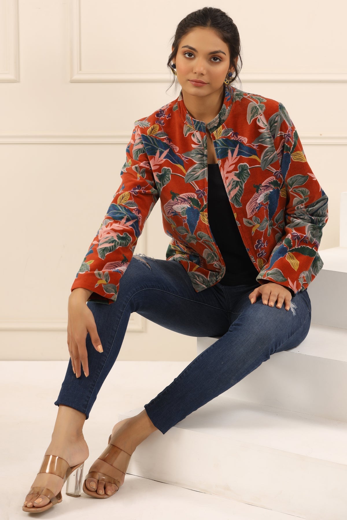 Rust & Blue Floral Printed Mandarin Collar Velvet Open Front Jacket For Women
