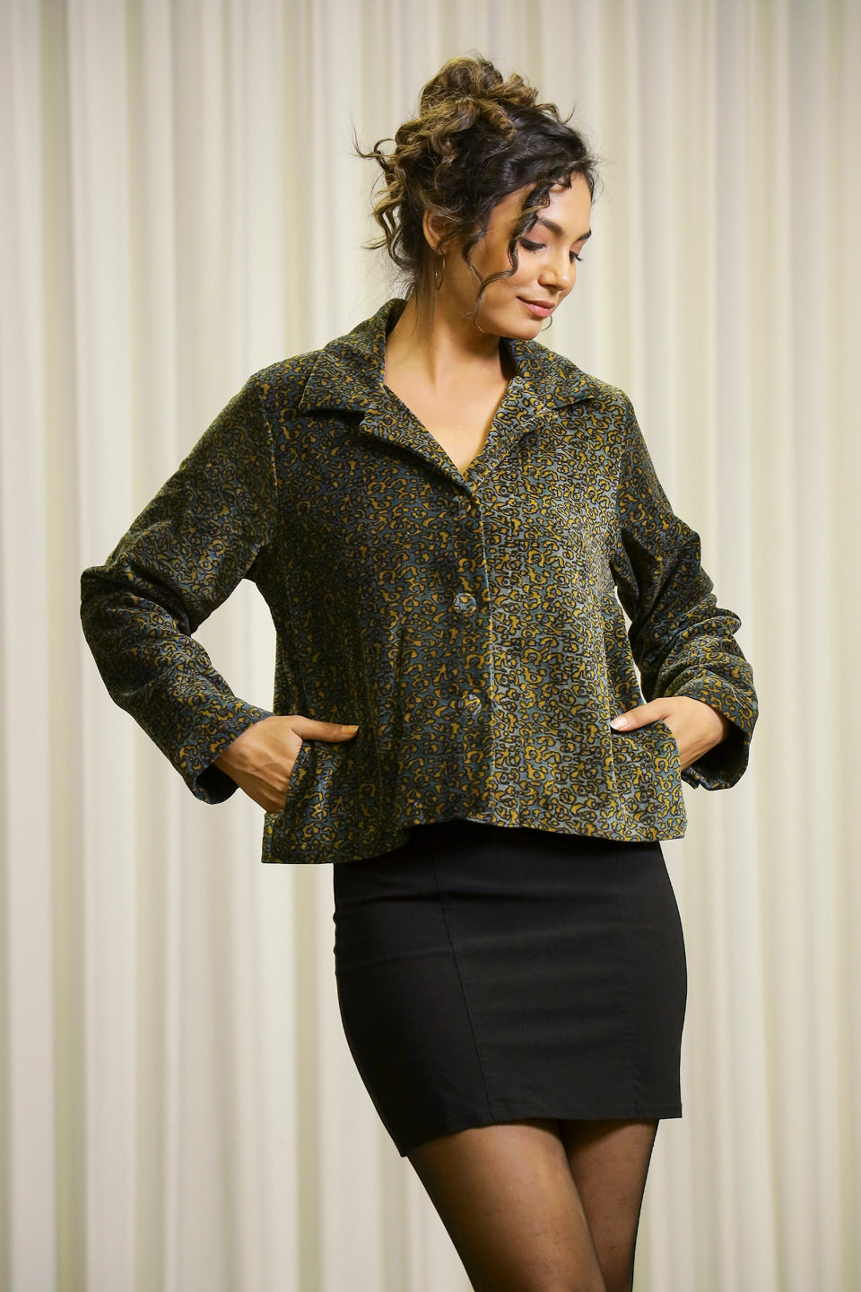 Olive Animal Print Lapel Collar Velvet Jacket For Women
