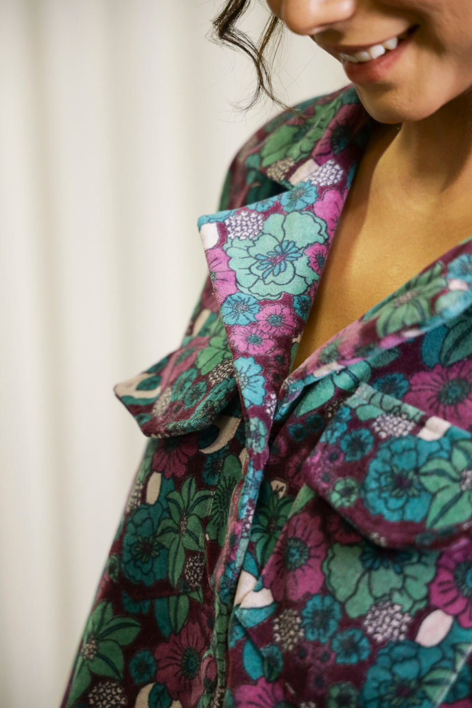 Burgundy Floral Print Lapel Collar Velvet Jacket For Women