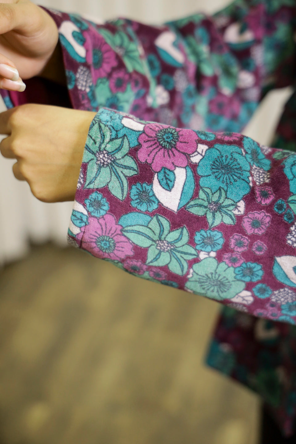 Burgundy Floral Print Lapel Collar Velvet Jacket For Women