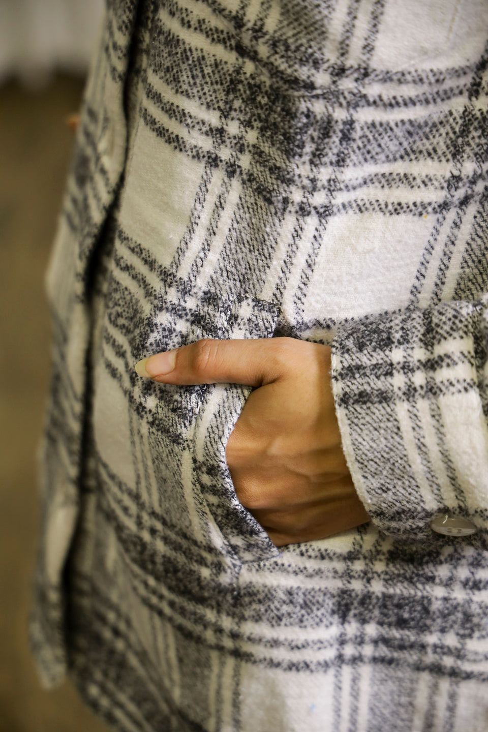 White Shirt Collar Checks Cotton Jacket For Women