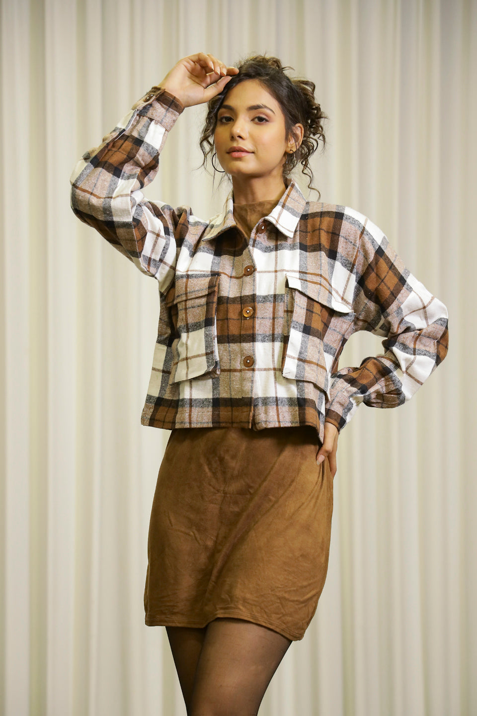 Brown & White Checks Cotton Jacket