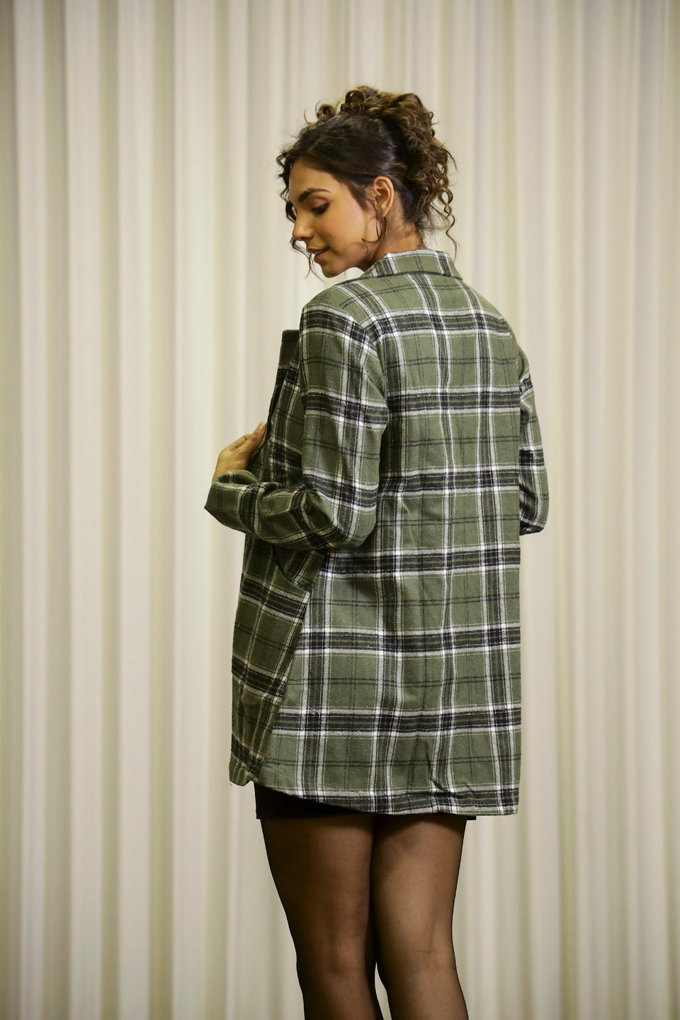 Green Notched Lapel Collar Checks Cotton Jacket For Women