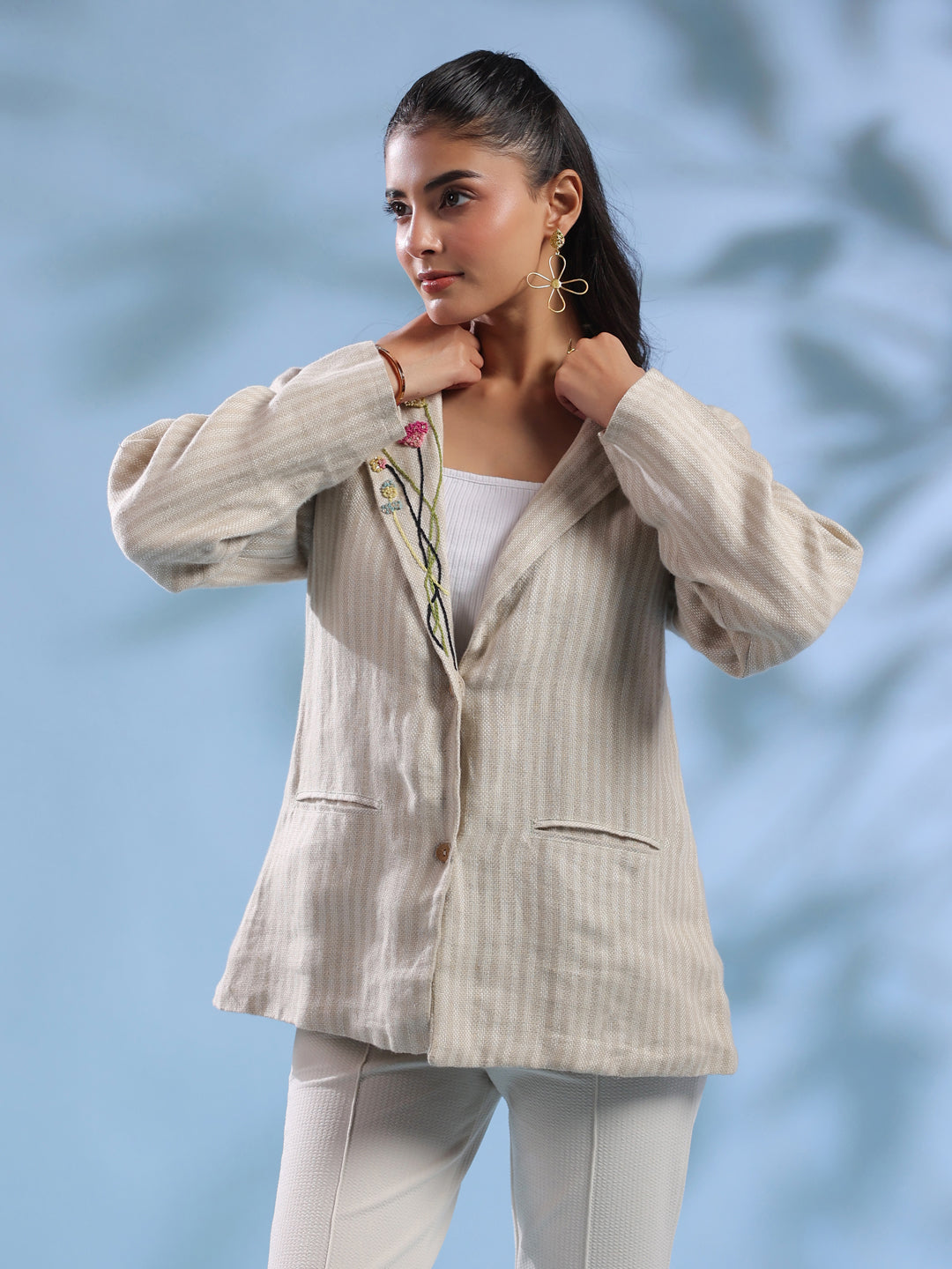 Beige Solid Cuban Collar Handloom Jacket foe Women