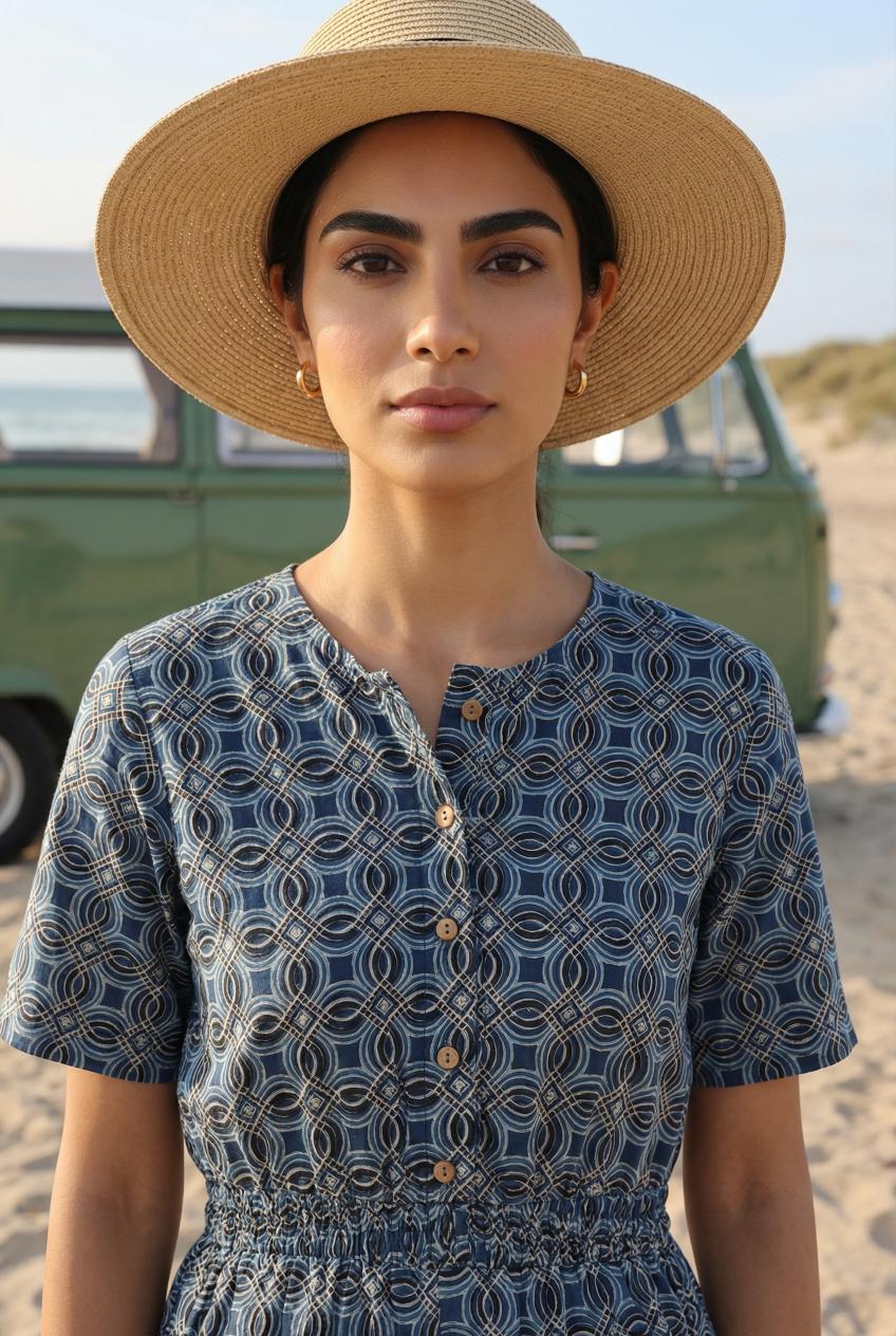 Blue Round Neck Ethnic Motifs Print Cotton Jumpsuit For Women