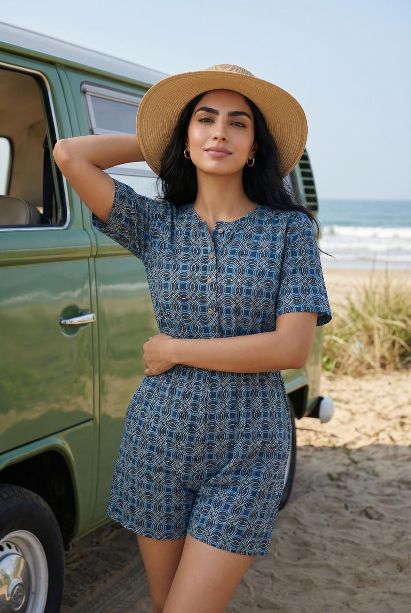Blue Round Neck Ethnic Motifs Print Cotton Jumpsuit For Women