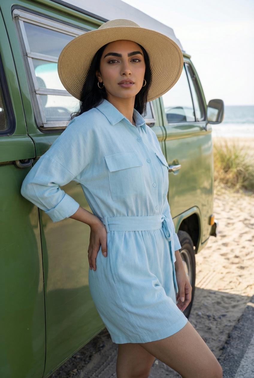 Ice Blue Shirt Collar Pure Cotton Jumpsuit For Women