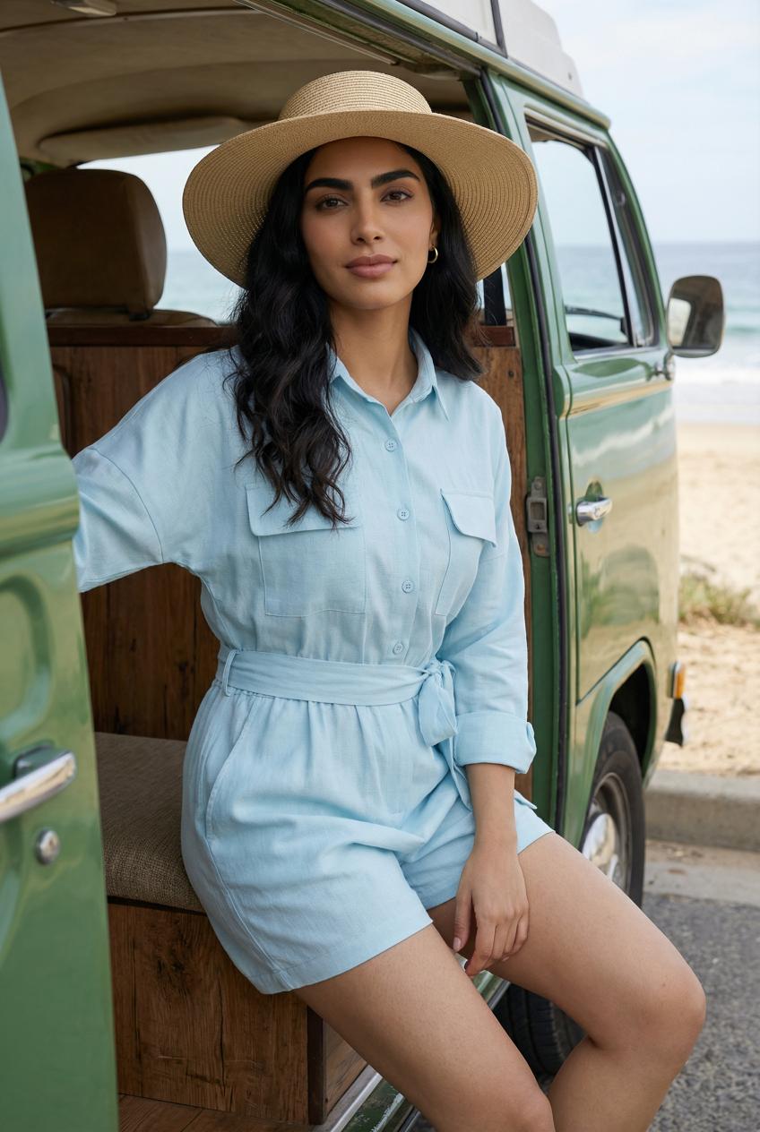 Ice Blue Shirt Collar Pure Cotton Jumpsuit For Women