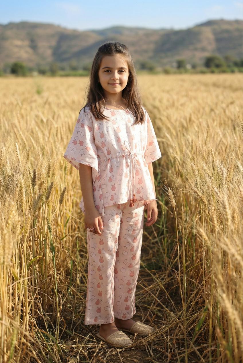 Off White Conversational Print Round Neck Pure Cotton Night Suit For Kids
