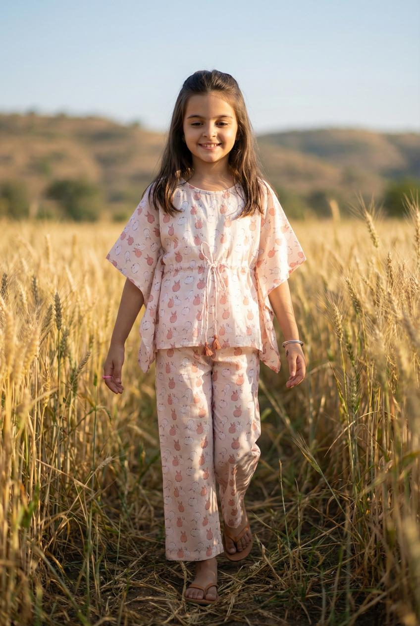 Off White Conversational Print Round Neck Pure Cotton Night Suit For Kids