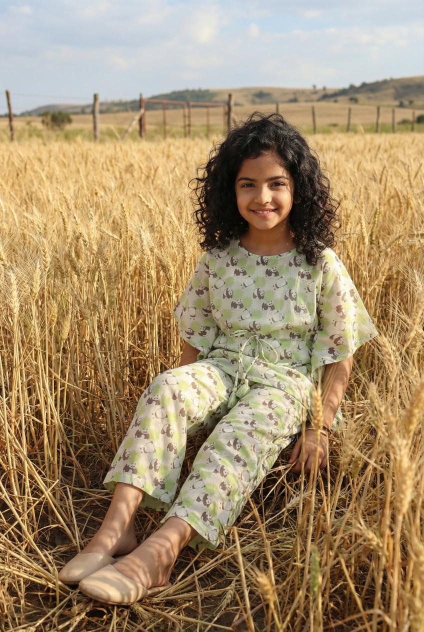 Green Round Neck Animal Printed Kaftan & Pyjamas Night Suit For Kids