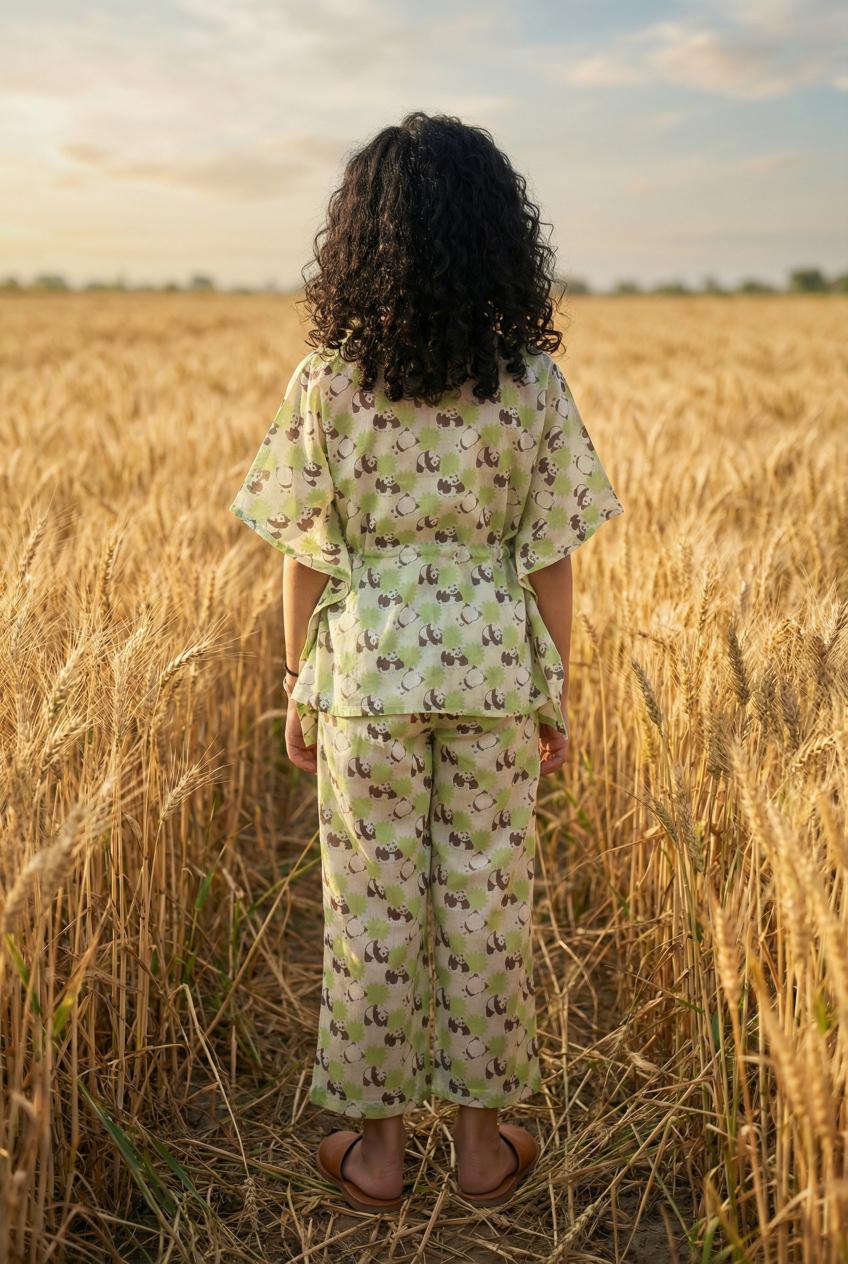 Green Round Neck Animal Printed Kaftan & Pyjamas Night Suit For Kids