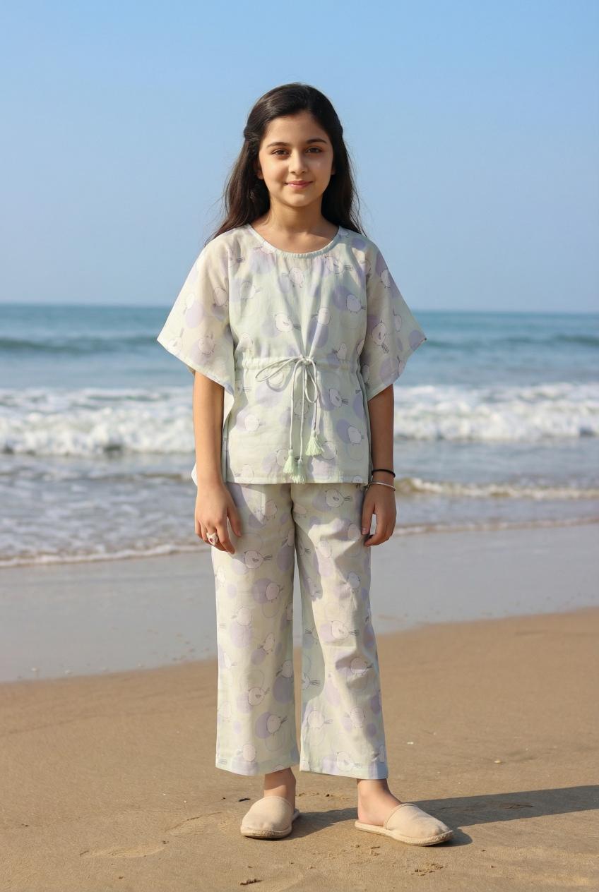 White Round Neck Conversational Printed Pure Cotton Night Suit For Women