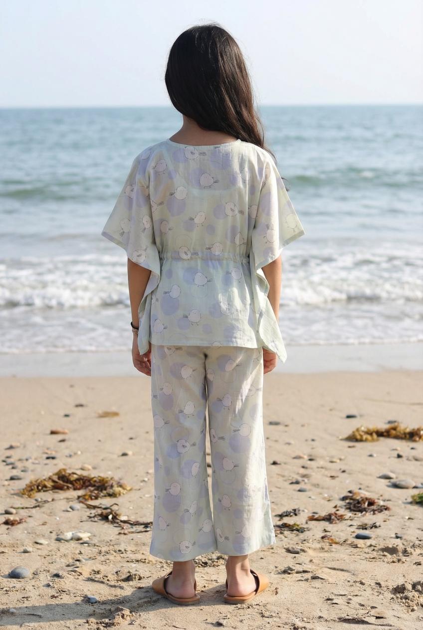 White Round Neck Conversational Printed Pure Cotton Night Suit For Women