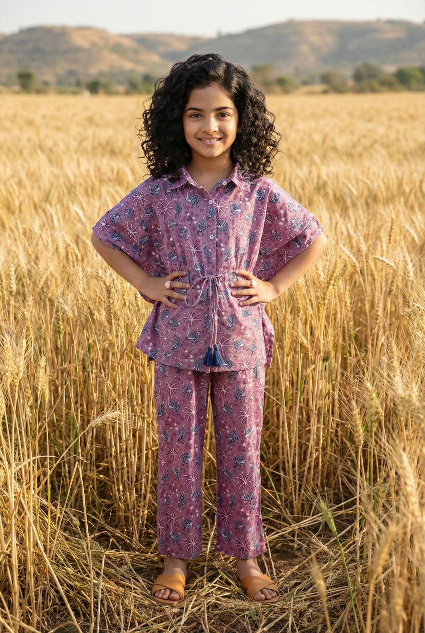 Lavender Shirt Collar Floral Printed Cotton Night Suit For Kids