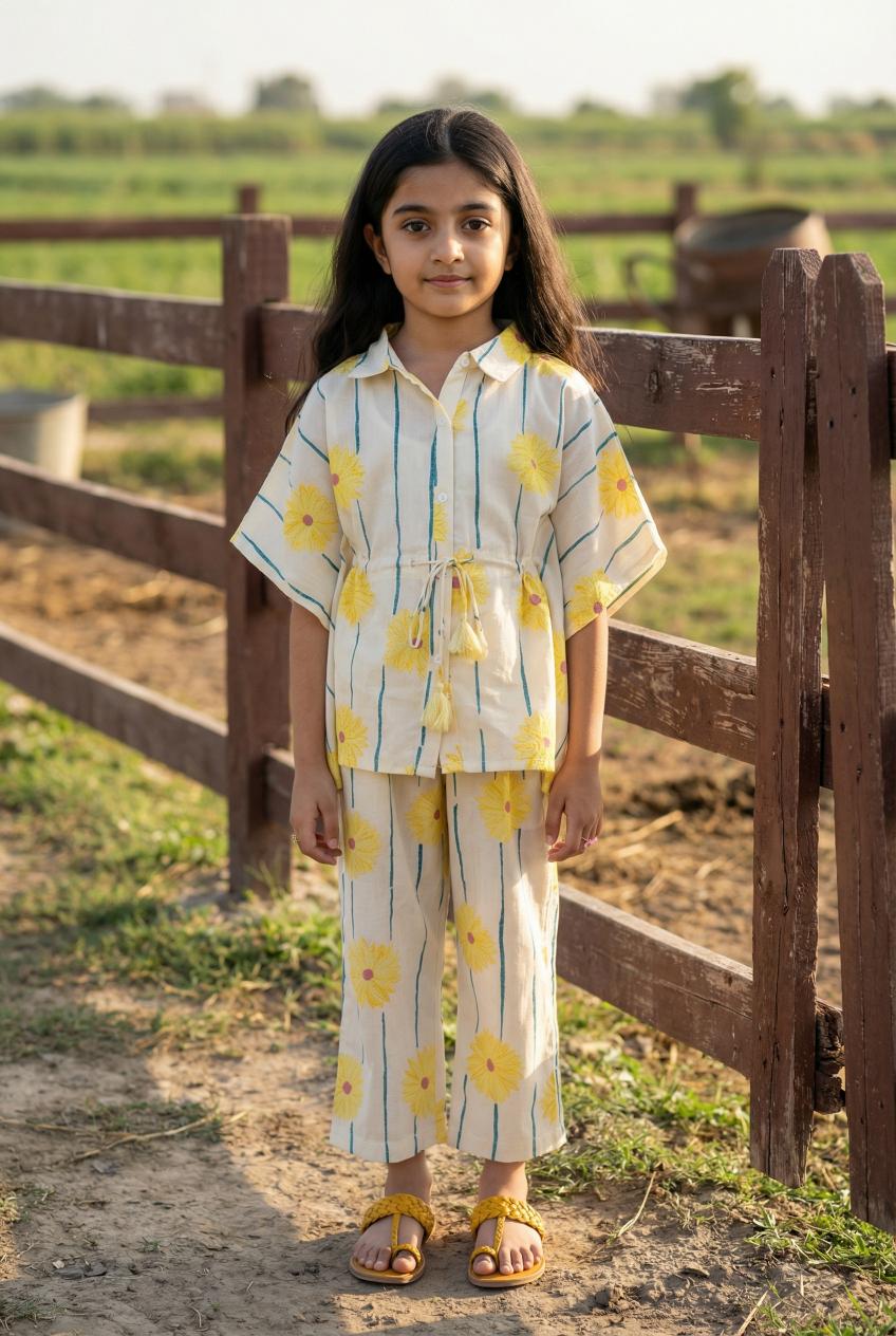 Yellow Floral Print Round Neck Cotton Night Suit For Kids