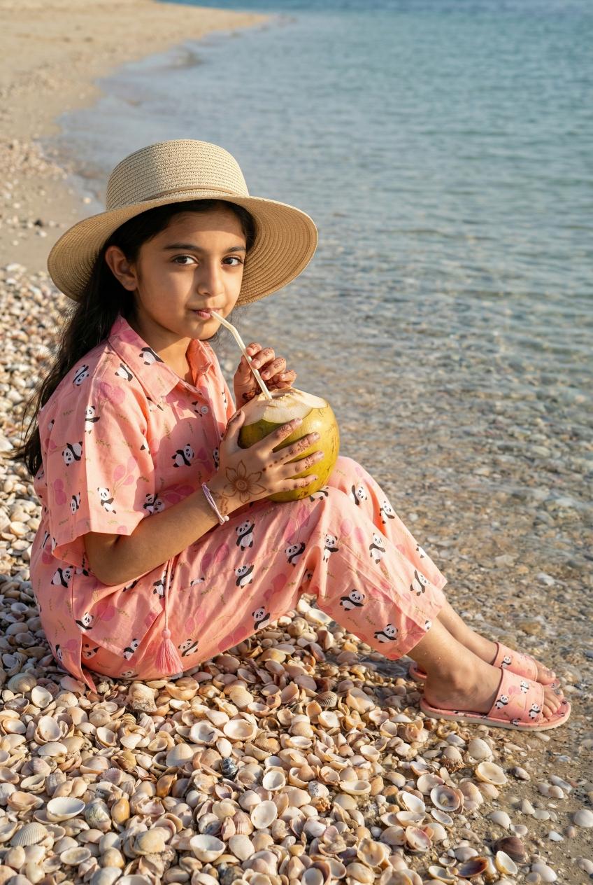 Pink Panda Printed Shirt Collar Cotton Kids Kaftan Night Suits