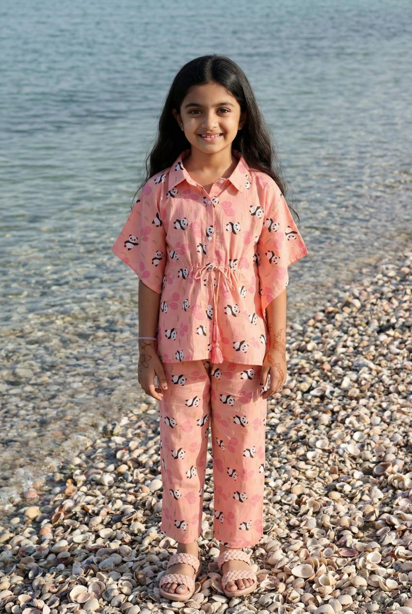 Pink Panda Printed Shirt Collar Cotton Kids Kaftan Night Suits