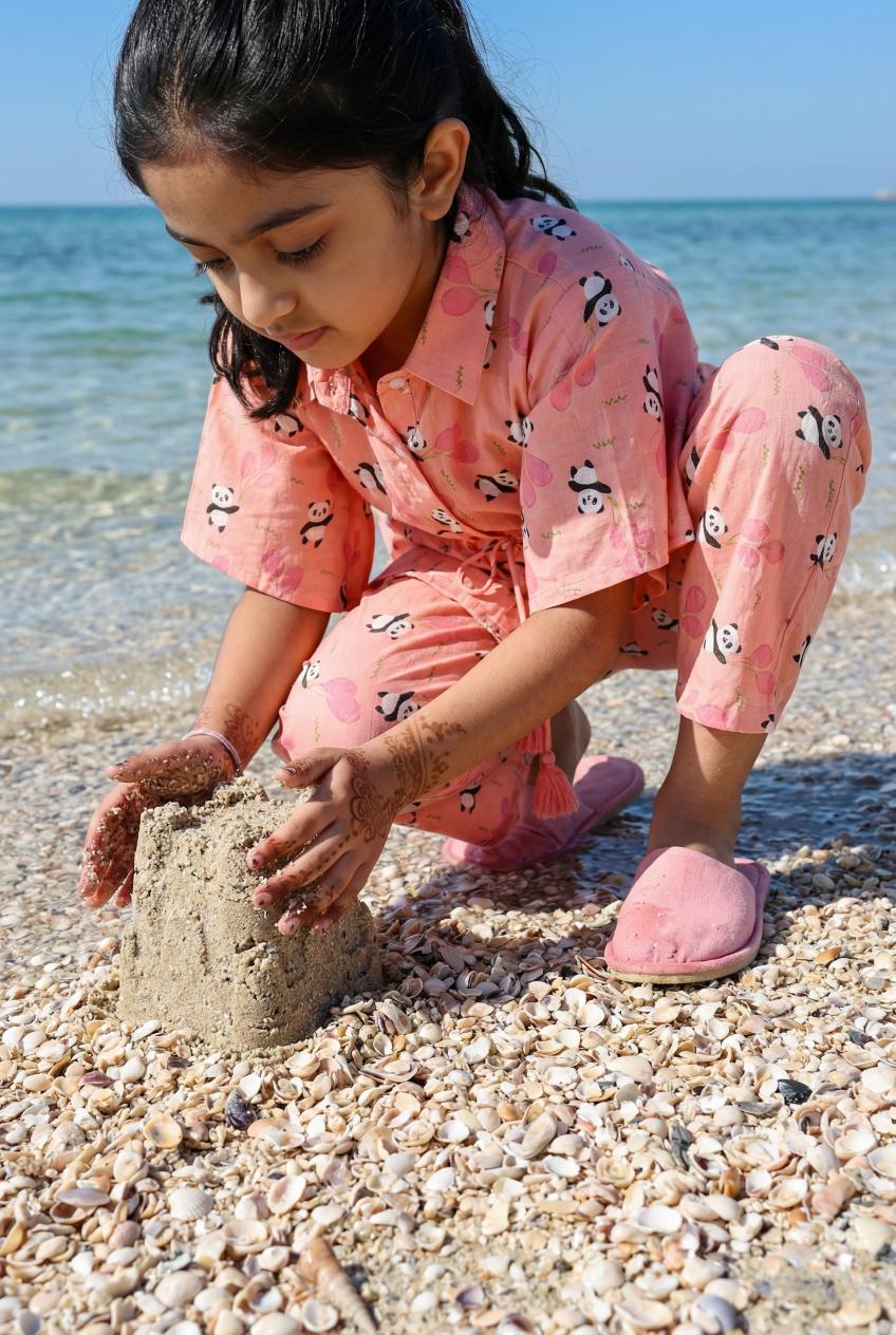 Pink Panda Printed Shirt Collar Cotton Kids Kaftan Night Suits