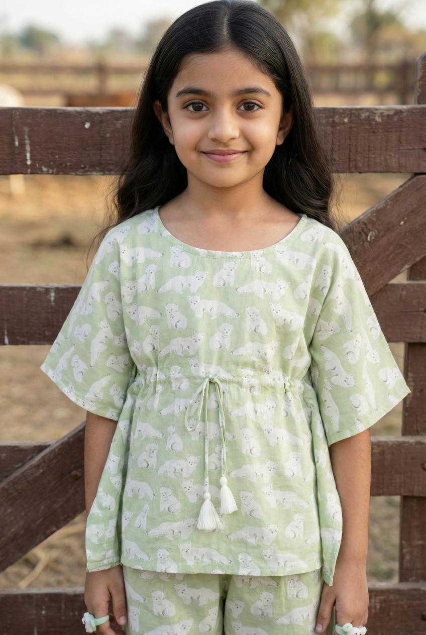 Green & White Animal Print Round Neck Pure Cotton Night Suit For Kids