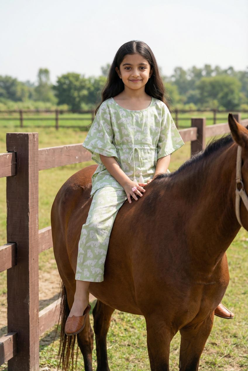 Green & White Animal Print Round Neck Pure Cotton Night Suit For Kids