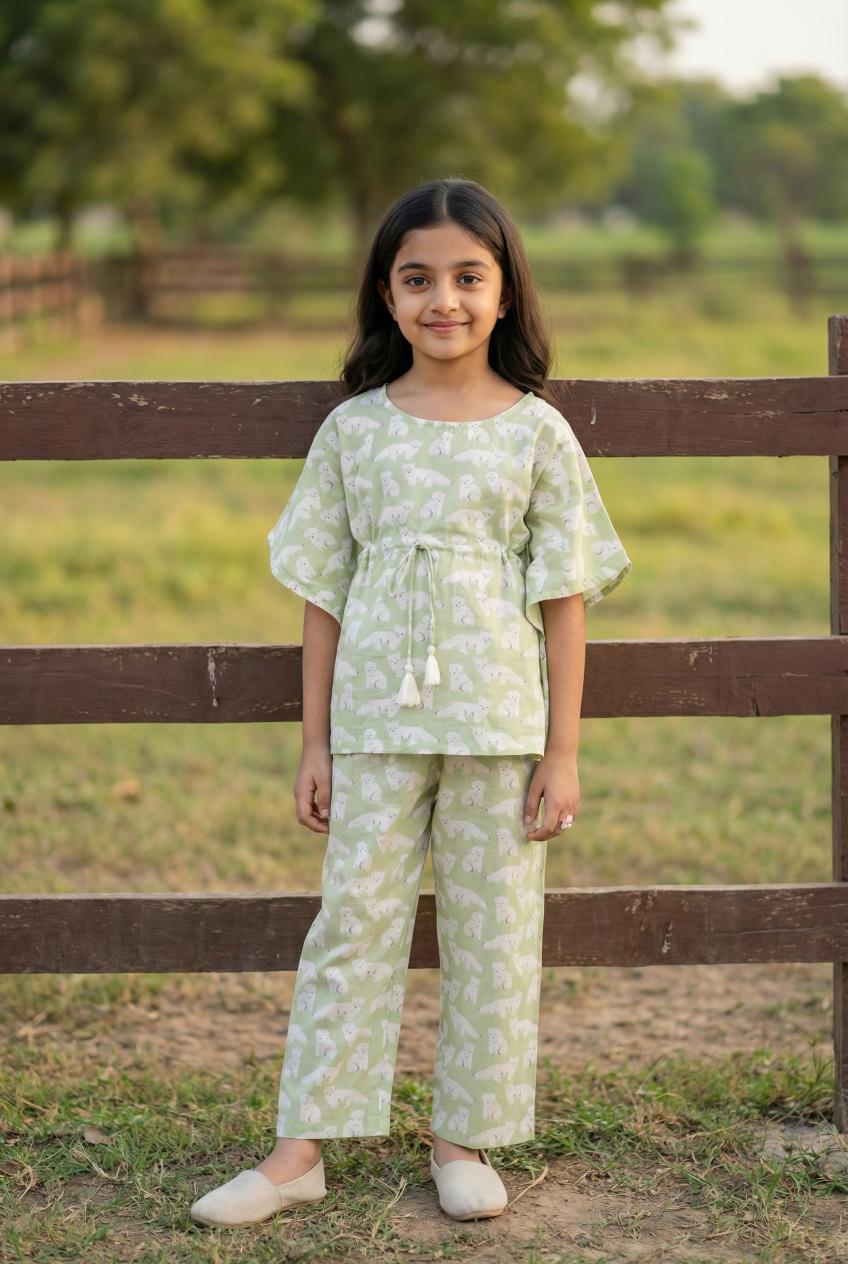 Green & White Animal Print Round Neck Pure Cotton Night Suit For Kids