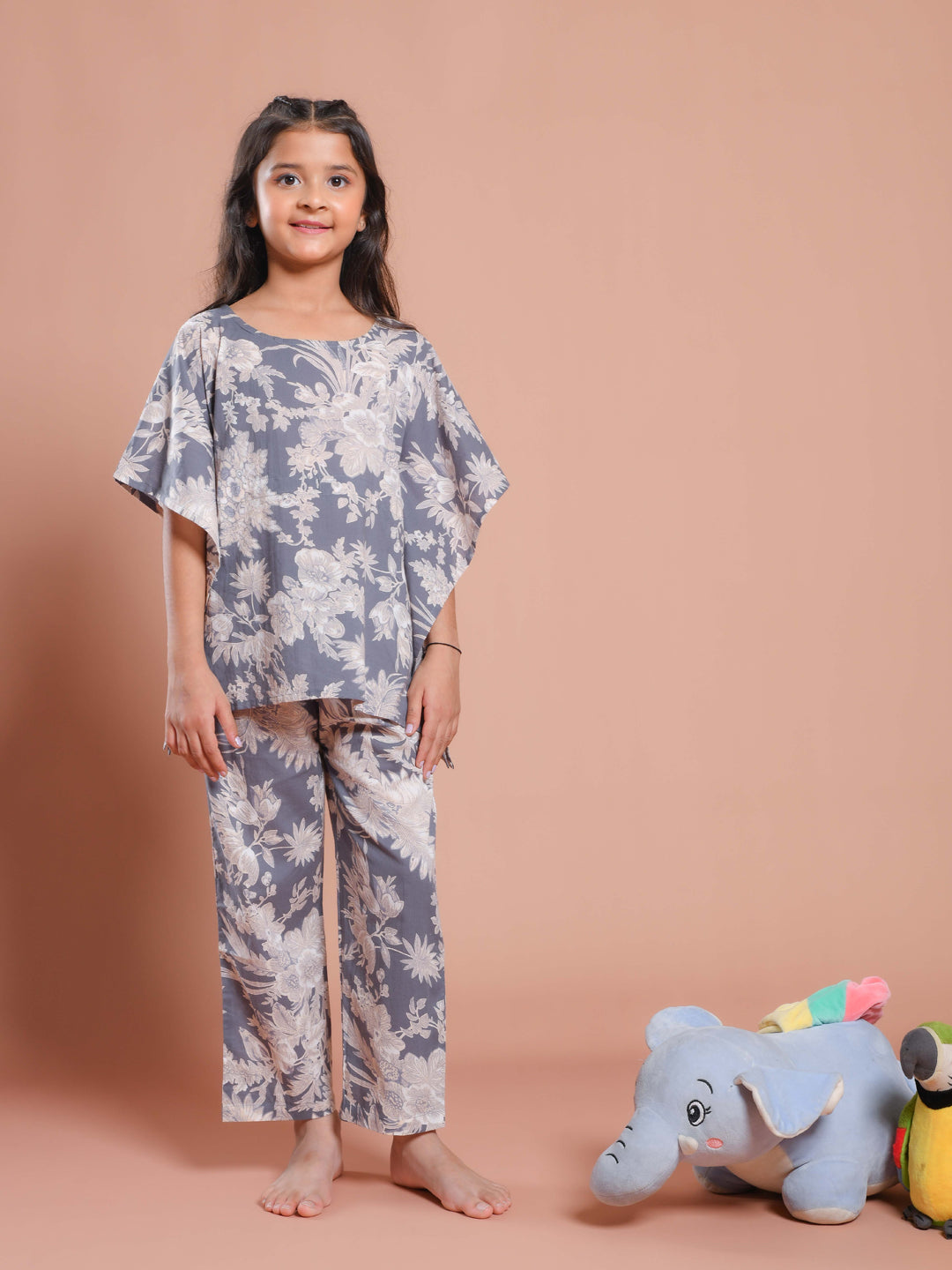 Grey Floral Printed Kaftan Night Suit For Kids