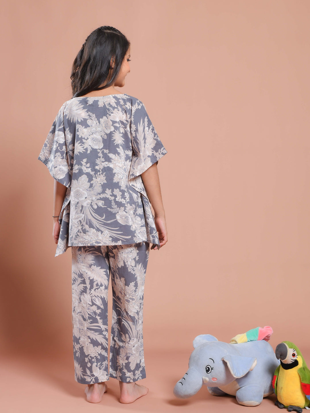 Grey Floral Printed Kaftan Night Suit For Kids