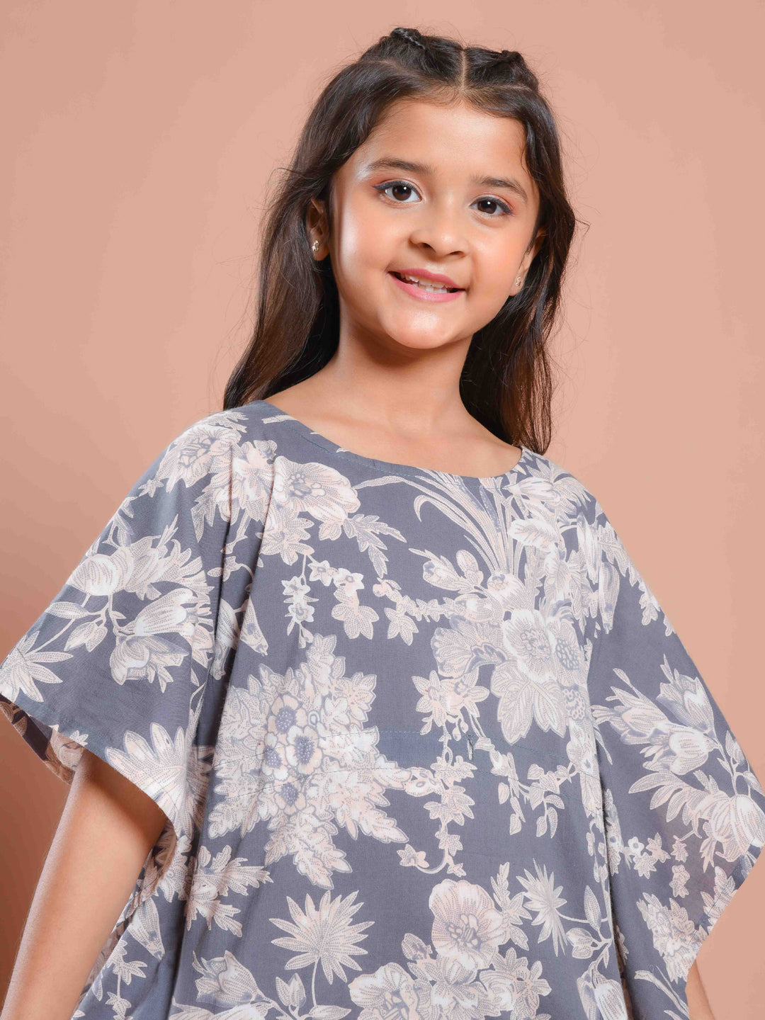 Grey Floral Printed Kaftan Night Suit For Kids