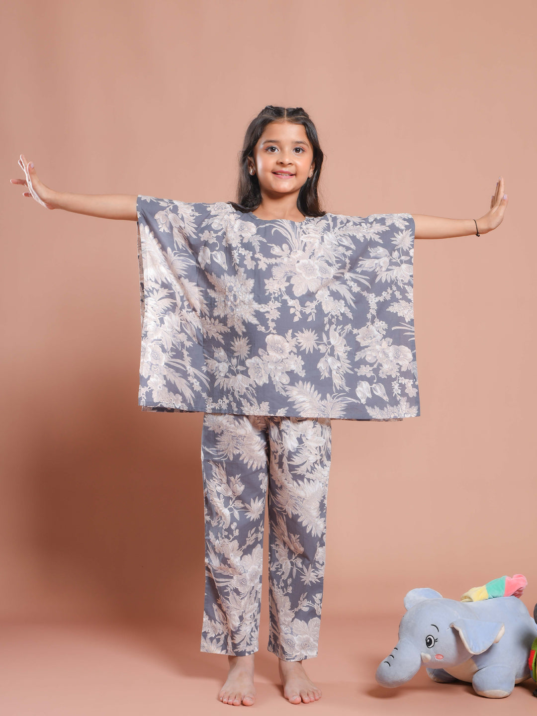 Grey Floral Printed Kaftan Night Suit For Kids