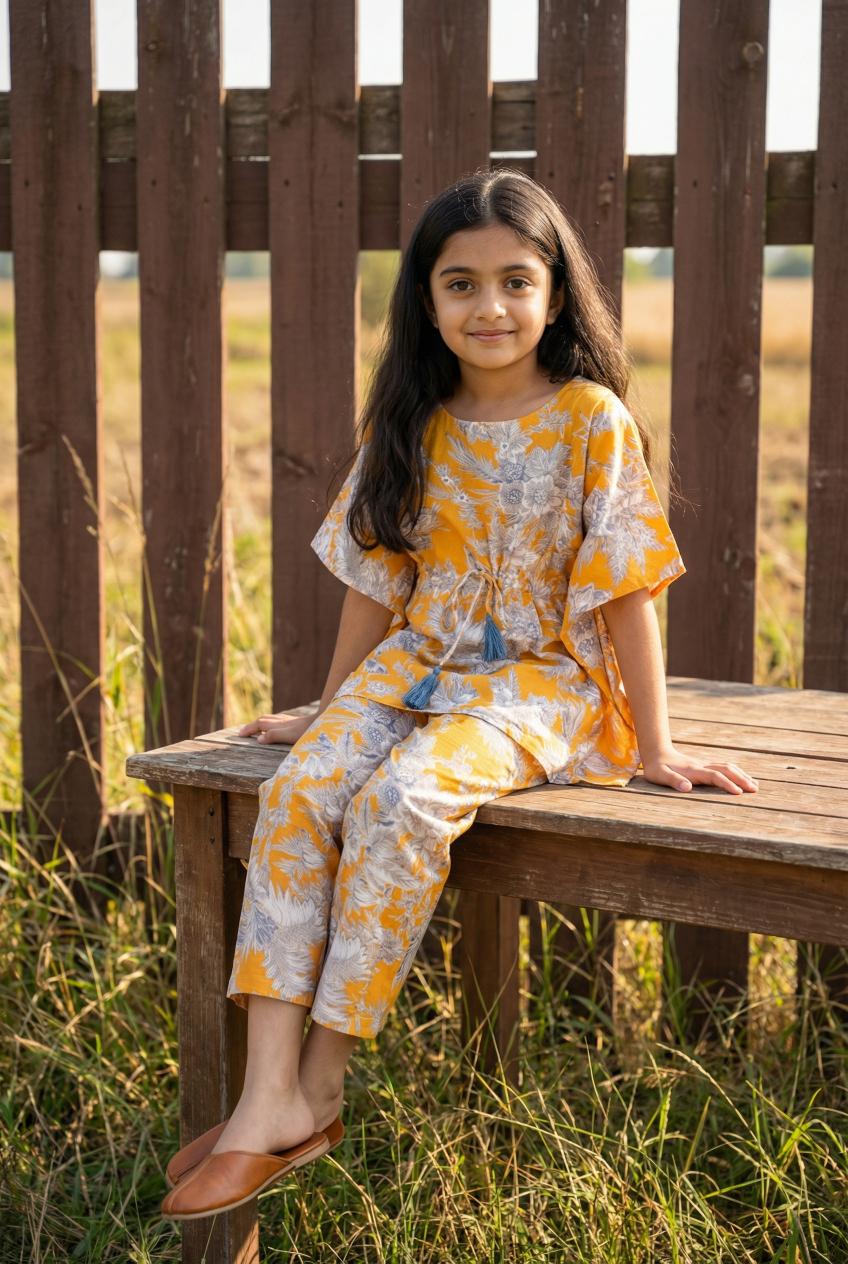 Mustard Floral Print Kaftan Night Suit For Kids