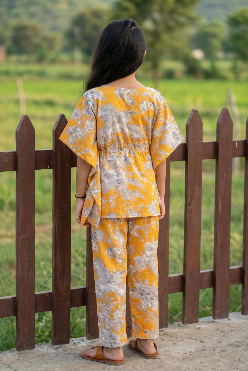 Mustard Floral Print Kaftan Night Suit For Kids