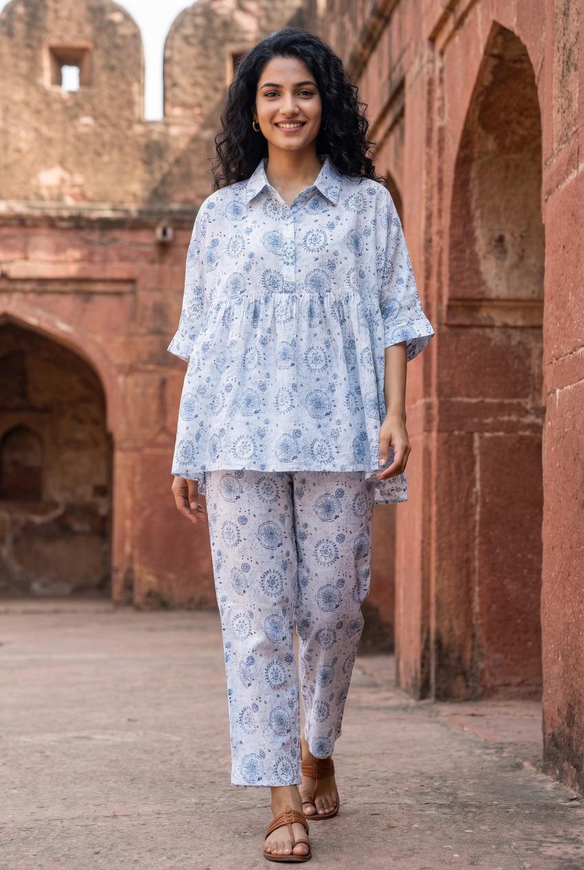 White Warli Pure Cotton Shirt Collar Night Suit Set For Women
