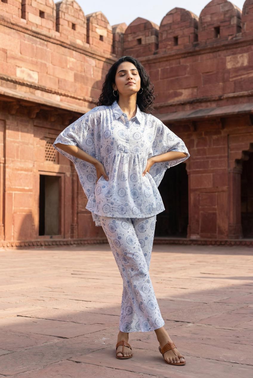 White Warli Pure Cotton Shirt Collar Night Suit Set For Women