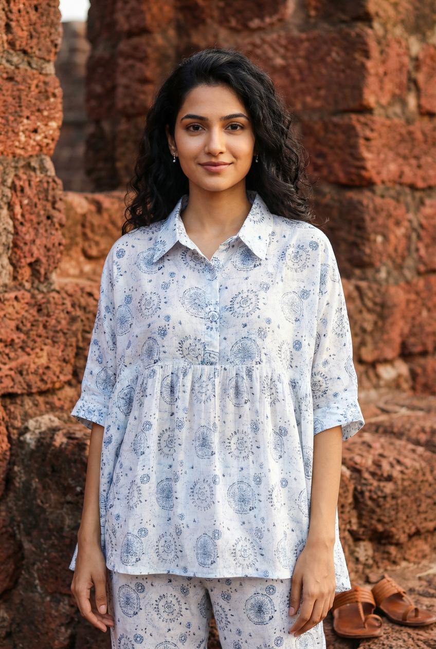 White Warli Pure Cotton Shirt Collar Night Suit Set For Women