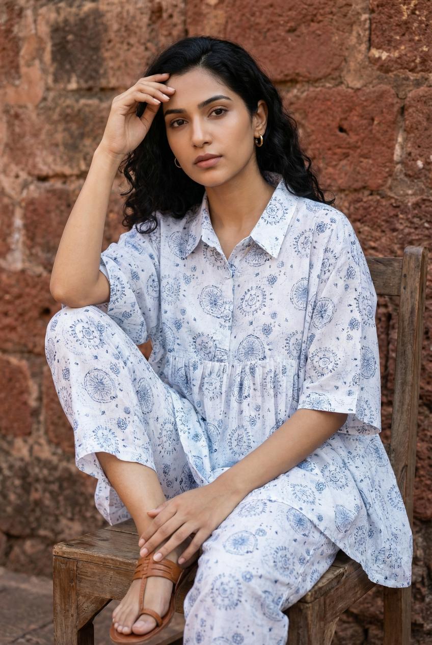 White Warli Pure Cotton Shirt Collar Night Suit Set For Women