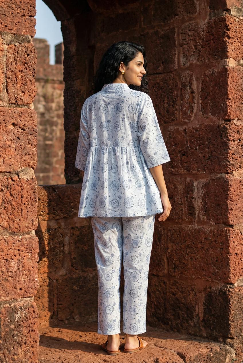 White Warli Pure Cotton Shirt Collar Night Suit Set For Women