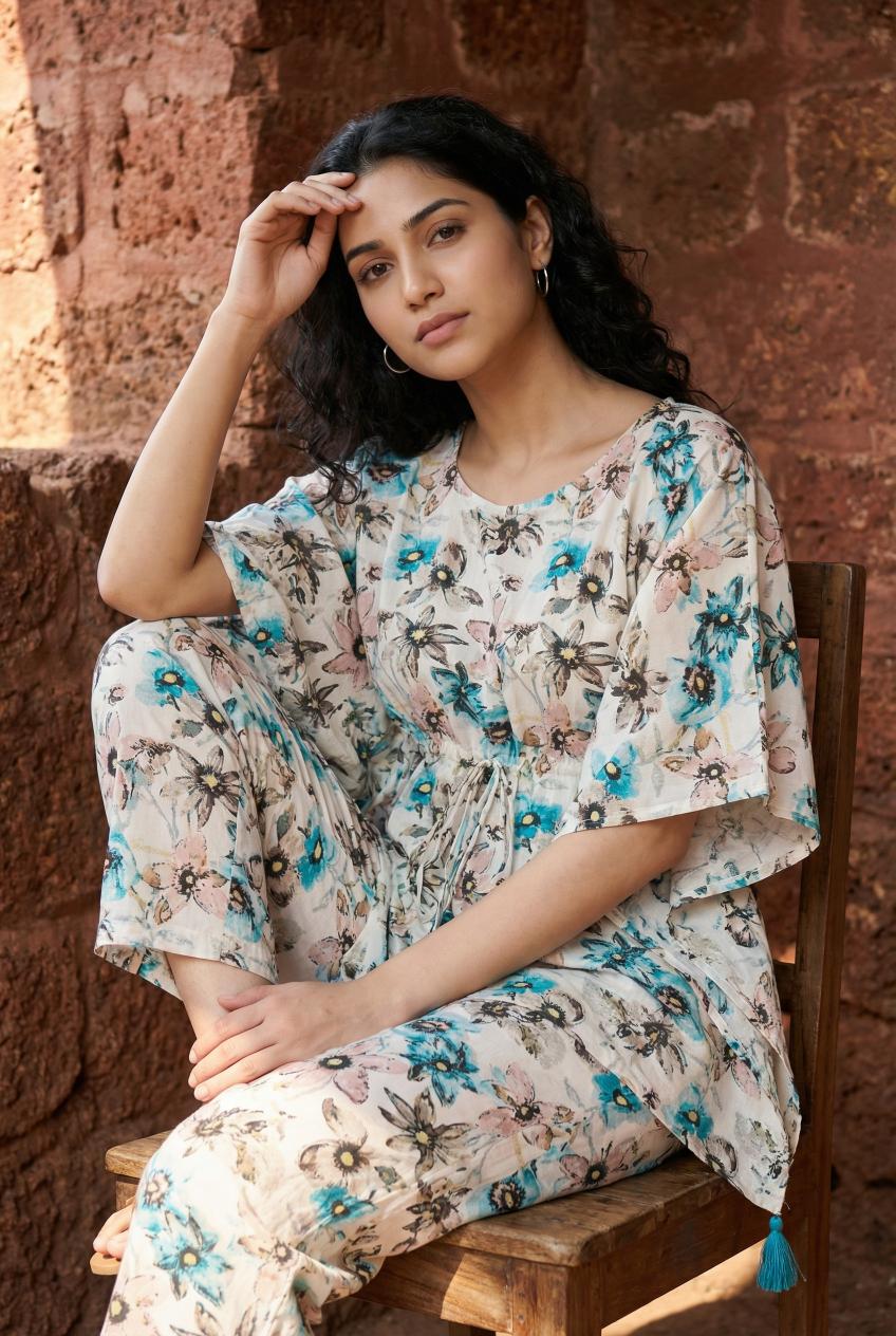 Multi Color Floral Print Night Suit Set For Women